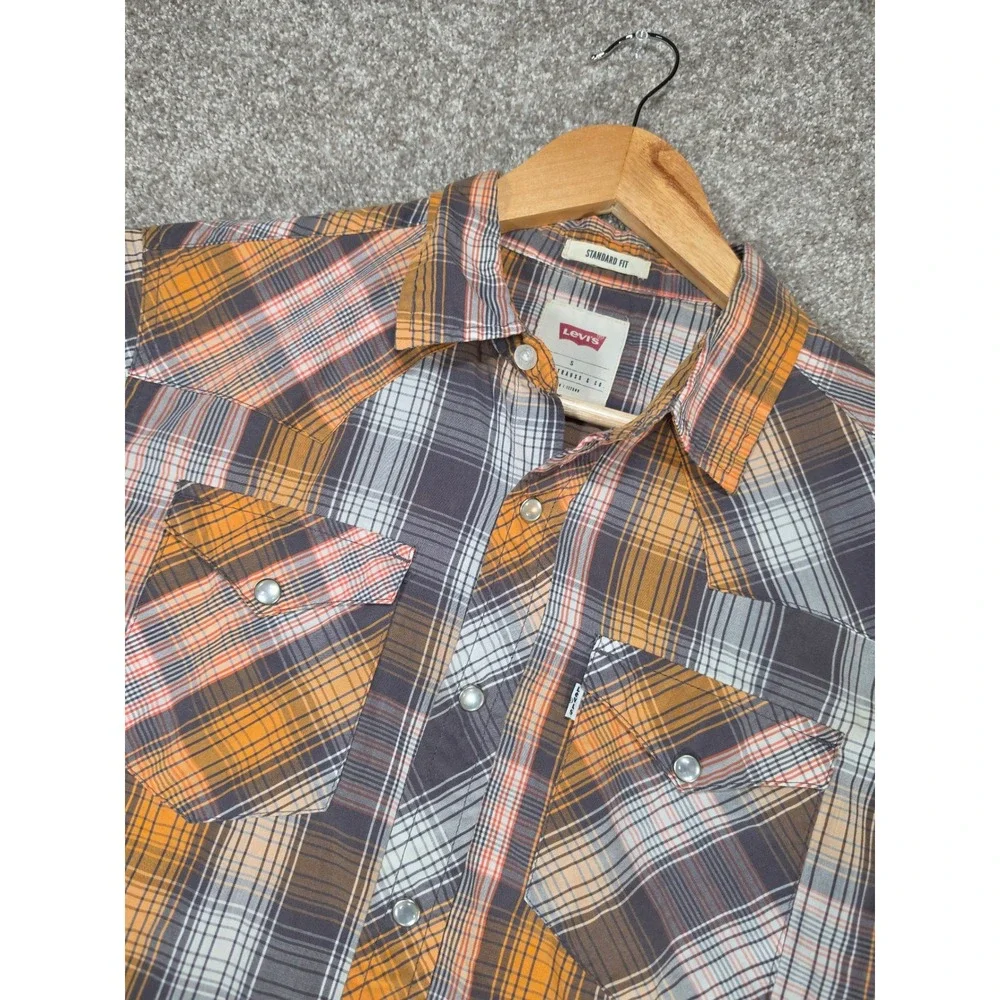 Levis Mens Western Plaid Short Sleeve Pearl Snap Shirt Orange Grey 3LYSW0182 S